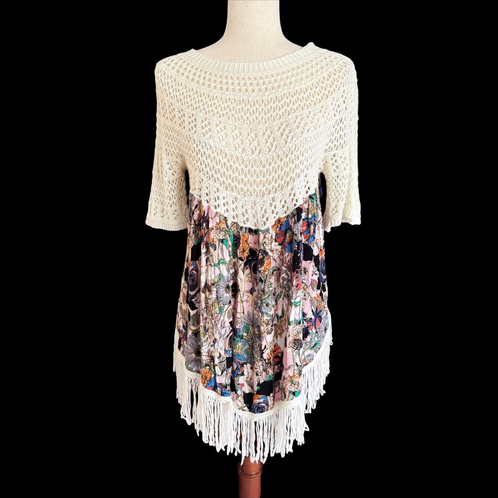Boho Selfie Couture Crochet Floral Fringe Tunic Top Cream XS S bohemian hippie